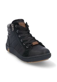 Botas altas de cuero negro con un acabado texturizado. Cuentan con una cremallera en el lateral, cordones y un cuello de pelo sintético. Suela de goma.