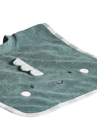 Türkisfarbener Baumwoll-Lätzchen mit Frottierstruktur, versehen mit weißen und grauen Akzenten sowie verspielten Applikationen. Abgerundeter Halsausschnitt und gestreifter Rand.