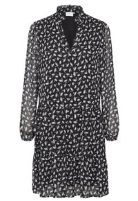 Schwarzes Kleid mit einem floralen weißen Muster, das durchsichtige lange Ärmel, einen V-Ausschnitt und einen gestuften Rock aufweist. Der Stoff ist leicht und strukturiert.