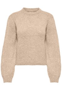 Pull en maille épaisse beige avec manches longues bouffantes, col rond côtelé, poignets et ourlet, confectionné en fil texturé épais.