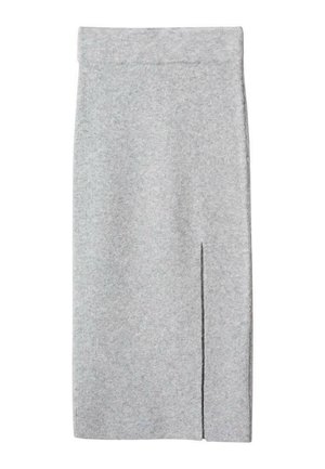 Lysegrå strikket midi pencilnederdel med høj talje og en frontslids på højre side, vist fladt på en hvid baggrund.