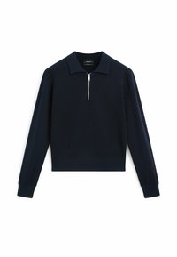 Marinblå långärmad tröja med dragkedja i kragen, tillverkad av ett mjukt stickat material, med ribbade ärmslut och nederkant för en tät passform.