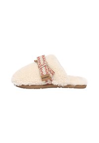 Cream-colored slipper with a fluffy texture, featuring a decorative strap with red and white patterns and a light brown rubber sole.