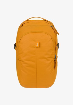 Orange backpack with a smooth fabric texture, curved design, front zip pocket, side buckles, and a small logo tag.