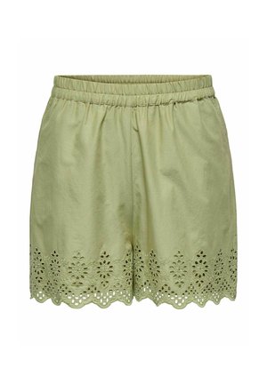 Pantalones cortos verde claro con cintura elástica y borde con encaje floral en el dobladillo con forma de concha.