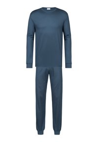 Marineblauwe pyjama set met een lange mouwen top en broek met een stippenpatroon. Gemaakt van zachte, lichte stof, met ribgebreide boorden.