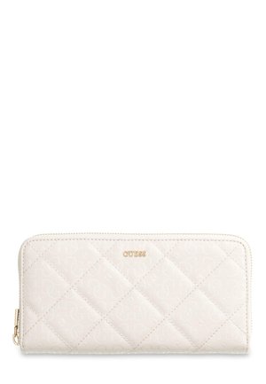 Portafoglio bianco trapuntato con zip dorata e logo "GUESS" dorato centrato sul davanti.