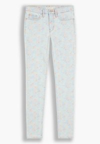 Jeans ajustados de estampado floral en azul claro con una textura suave, que cuentan con un diseño clásico de cinco bolsillos y acentos de metal.