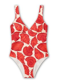 Maillot de bain une pièce en crème avec un décolleté en V et de larges bretelles, arborant un imprimé de coquillages rouges sur toute la surface. Tissu texturé avec une finition lisse.