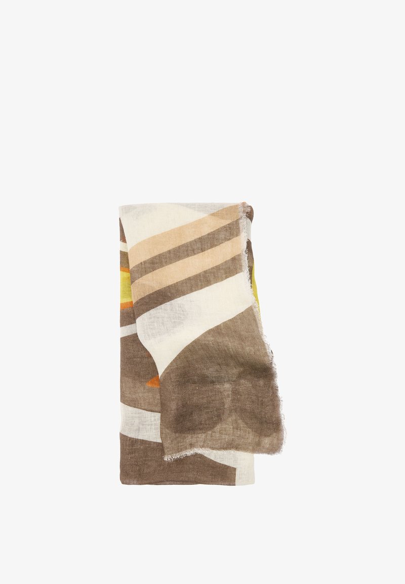 Wzorzysty szal z lnu w odcieniach ziemi, z paskami w kolorach brązowym, kremowym i pomarańczowym. Krawędzie są strzępione, co nadaje naturalnej tekstury.