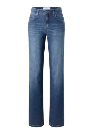 Jean droit en denim bleu avec fermeture par bouton et zip, poches avant et détails subtilement délavés sur les cuisses et les genoux.