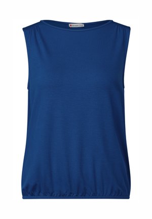Top senza maniche blu realizzato in tessuto morbido, con scollo rotondo, dettagli arricciati sull'orlo e sottili pieghe sulle spalle.