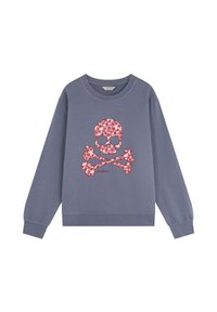 Sudadera gris con un diseño de calavera y tiburones florales en rosa. Cuello redondeado y puños acanalados para añadir textura.