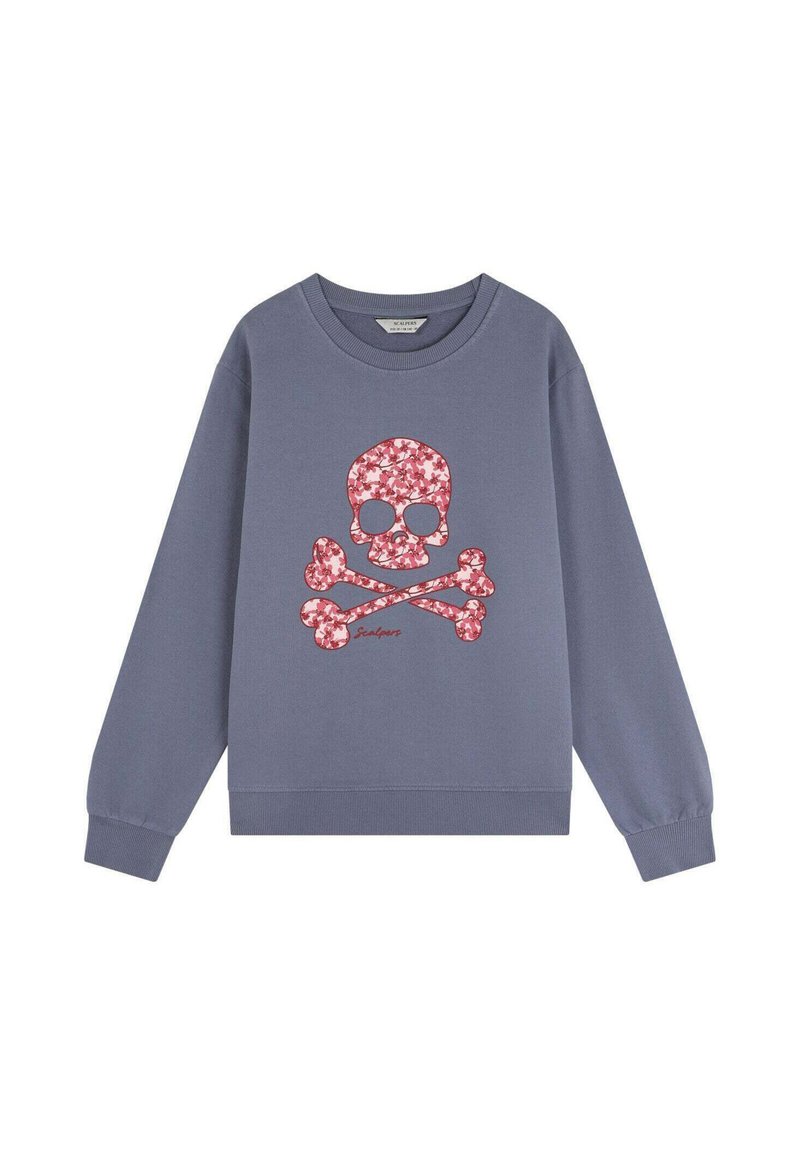 Sudadera gris con un diseño de calavera y tiburones florales en rosa. Cuello redondeado y puños acanalados para añadir textura.