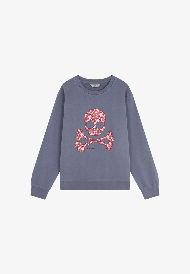 Gray sweatshirt featuring a floral skull and crossbones design in pink. Rounded neckline and ribbed cuffs for added texture.