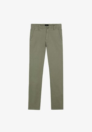 Chinos verde oliva, de corte ajustado, con frente plano, dos bolsillos frontales, un bolsillo trasero y detalles de costura sutiles. Tejido de mezcla de algodón.