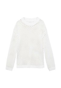 Weißer, gestrickter Pullover mit einem lockeren, offenen Netzdesign, geripptem Kragen und Ärmelbündchen. Hat lange Ärmel und einen entspannten Schnitt.