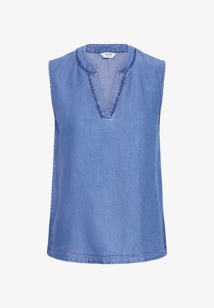 Varrukateta hele sinise teksariide topp ümar kaeluse ja V-kujulise kaelana, millel on tumedad õmblused kaeluse ja käeavade ääres.