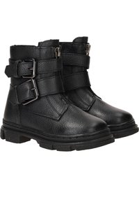 Zwarte leren enkellaarzen met gestructureerd oppervlak, twee brede banden met gespen, een rits aan de zijkant en een robuuste rubberen zool.