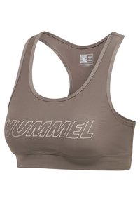 Biustonosz w brązowym materiale z designem racerback. Posiada wyraźne logo "HUMMEL" w jasnoszarym kolorze. Gładka faktura z minimalnymi detalami szwów.