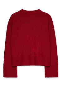 Raudonas megztinis su ištemptu apykaklės dizainu ir ilgomis rankovėmis. Yra plačios ištemptos apykaklės ir trumpa apačia. Minkšta tekstūra.