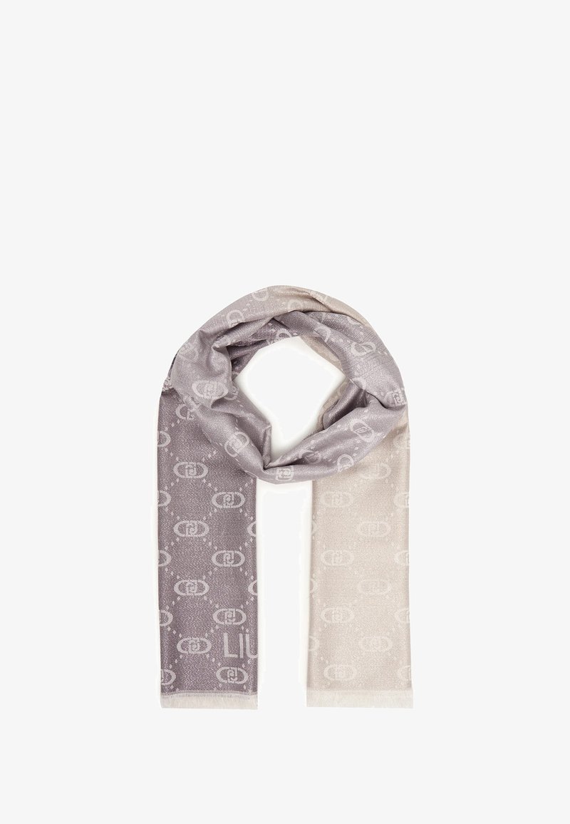 Sciarpa grigia e beige con un motivo di logo, texture morbida e bordi frangiati. Progettata in una forma rettangolare allungata.