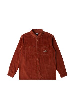 Rust-colored corduroy shirt with long sleeves, button-down front, two chest pockets, and a small embroidered detail on the left pocket.
