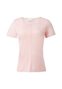 Roze t-shirt met korte mouwen gemaakt van gladde stof, met een ronde halslijn en een centrale naad aan de voorkant. Strak ontwerp zonder patronen.