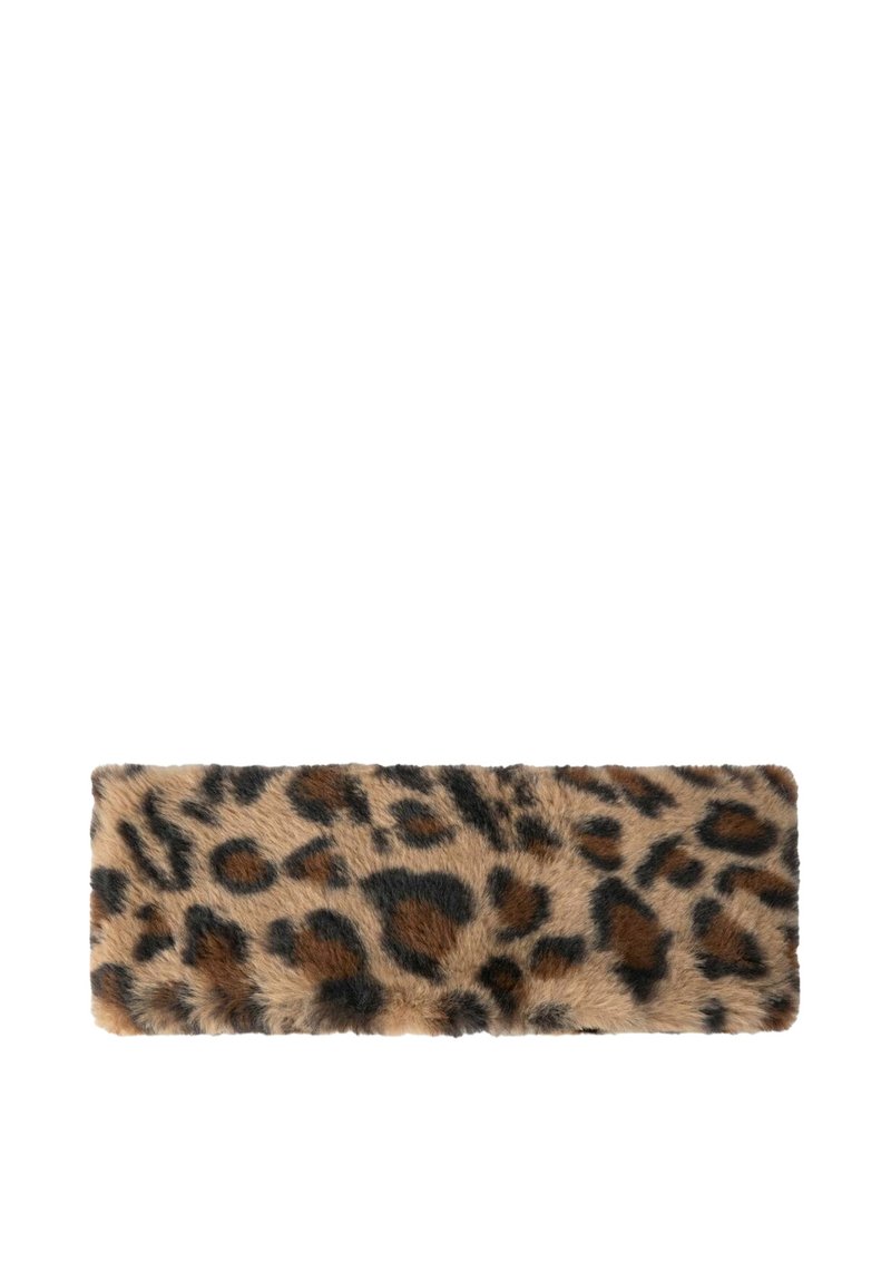Bandeau en fausse fourrure imprimé léopard, forme rectangulaire, texture douce, avec des taches marron foncé et noires sur un fond beige clair.