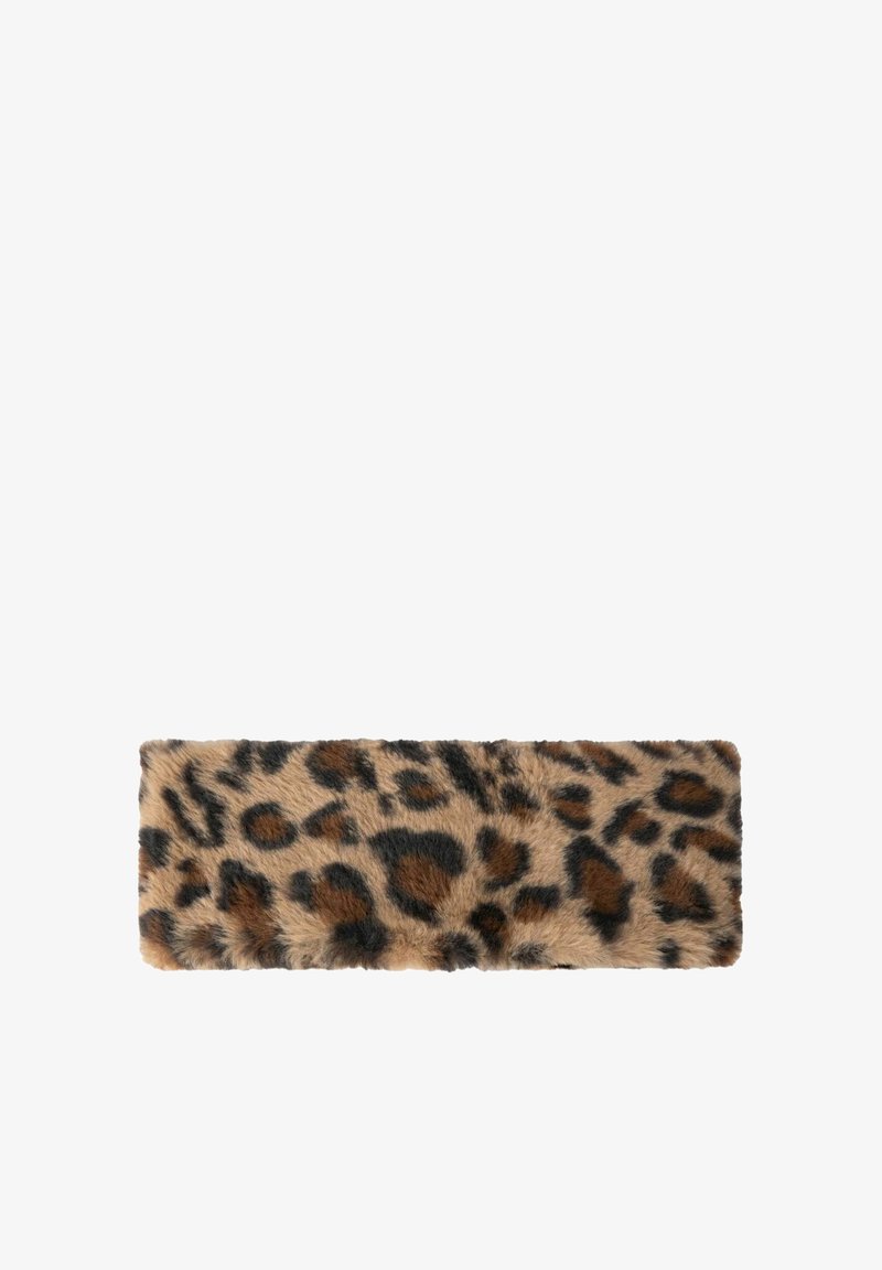 Bandeau en fausse fourrure imprimé léopard, forme rectangulaire, texture douce, avec des taches marron foncé et noires sur un fond beige clair.