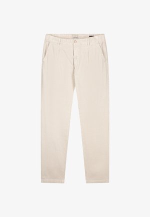 Pantaloni din bumbac împletit de culoare bej deschis, cu o croială dreaptă, două buzunare frontale și închidere cu un singur nasture. Textura este ușor texturată, cu dungi subțiri.