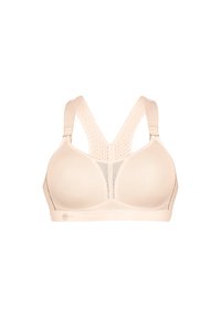 Beige sports-bh med en åndbar mesh ryg, tykke justerbare stropper og en glat, ikke-pudret front, designet til komfort og støtte.