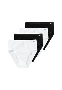 Vier Unterwäschepaare: zwei schwarze und zwei weiße. Alle bestehen aus glattem Baumwollmaterial mit elastischen Bundabschlüssen und minimaler Markenkennzeichnung.