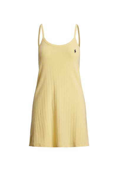 Light yellow sleeveless dress with ribbed texture, straight cut, and thin straps; features a small embroidered logo on the chest.