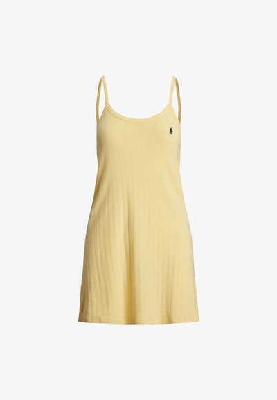 Abito senza maniche giallo chiaro con texture a coste, taglio dritto e spalline sottili; presenta un piccolo logo ricamato sul petto.