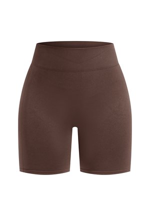 Bruine hoge shorts gemaakt van rekbaar materiaal met een gladde textuur, met een geribbelde tailleband en zonder zichtbare patronen of accenten.