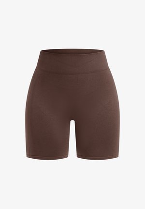 Shorts marron taille haute en tissu extensible avec une texture lisse, dotés d'une ceinture côtelée et sans motifs ni accents visibles.