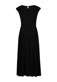 Schwarzes Kleid mit ausgestellter Silhouette, kurzen Ärmeln und einem versteckten Reißverschluss hinten. Glatte Stofftextur mit einem klaren, eleganten Design.