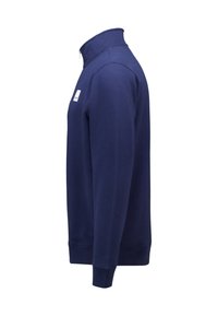 Navy blue sweatshirt with a high collar, soft texture, and a white logo patch on the chest. Features ribbed cuffs and hem.