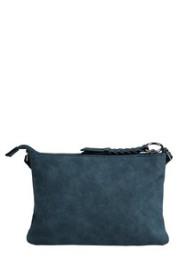Modrá crossbody kabelka z umělé kůže s plochým tvarem, zapínáním na zip, ozdobným copánkovým popruhem a hladkou texturou. Bez dalších ozdob.