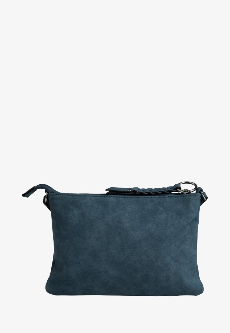 Modrá crossbody kabelka z umělé kůže s plochým tvarem, zapínáním na zip, ozdobným copánkovým popruhem a hladkou texturou. Bez dalších ozdob.