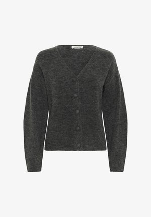 Houtskoolgrijze cardigan met een V-hals, lange mouwen en zes knopen aan de voorkant, gemaakt van een zachte, gestructureerde stof.