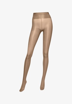 Collants nude en nylon transparent avec une texture lisse. Dotés d'une taille large en élastique et d'une finition brillante.