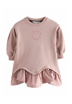 Vestito rosa a maniche lunghe per bambino piccolo con maniche a sbuffo, logo circolare "AllSaints" sul petto e dettaglio di orlo arricciato.