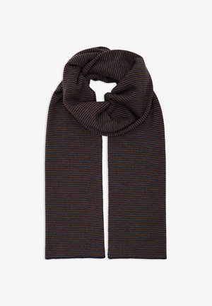 Sciarpa a righe in blu scuro e ruggine, realizzata in tessuto morbido; presenta righe orizzontali uniformi e una consistenza liscia. Attorcigliata al centro.