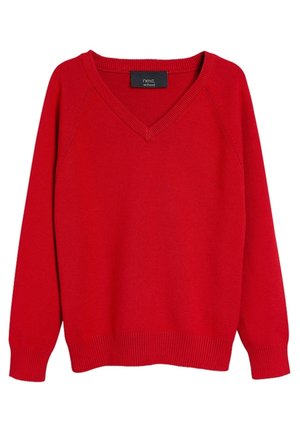 Pull rouge à manches longues col en V, avec poignets et ourlet côtelés, étiqueté "next school" à l'intérieur du col.