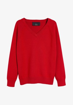 Pull rouge à manches longues col en V, avec poignets et ourlet côtelés, étiqueté "next school" à l'intérieur du col.