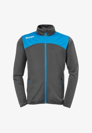 Grau Jacke mit blauer Oberseite. Verfügt über einen hohen Kragen, einen durchgehenden Reißverschluss und Reißverschluss-Taschen an den Seiten. Hergestellt aus glattem, leichtem Stoff.