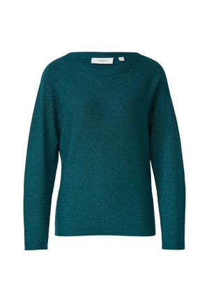 Türkisfarbener Pullover mit langen Ärmeln aus einem schimmernden Stoff. Hat einen weit ausgeschnittenen runden Hals und eine lockere Passform. Etikett am Ausschnitt sichtbar.