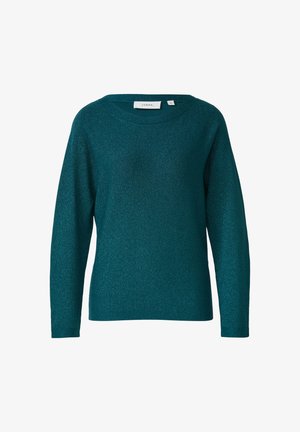 Turkusowy sweter z długim rękawem, wykonany z błyszczącego materiału. Posiada szeroki okrągły dekolt i luźny krój. Metka widoczna na szyi.